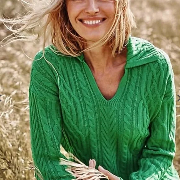J. Jill Green Cable Polo Johnny Collar Sweater. Size S. - Picture 2 of 2